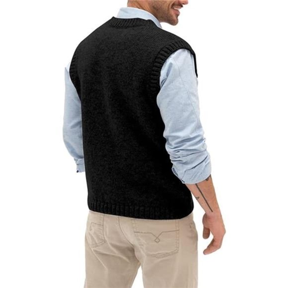 Sweater Vest for Men V Neck Sleeveless Chunky, Black - Picture 2 of 6